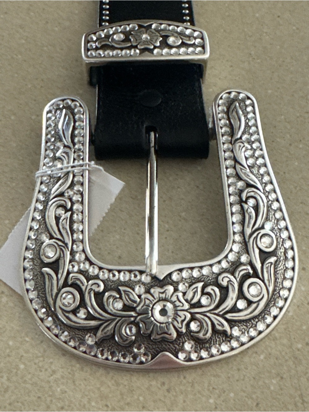 Tony Lama Black Leather Belt with Decorative Silver Western Horseshoe Buckle
